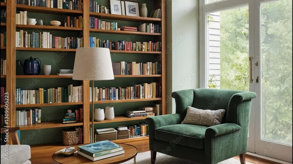 Cozy Home Library with Green Armchair, Floor-to-Ceiling Bookshelves, and Warm Natural Light Creating a Serene and Inviting Interior Reading Space high quality video Cozy Home Library with Green Armchair, Floor-to-Ceiling Bookshelves, and Warm Natural Light Creating a Serene and Inviting Interior Reading Space high quality video