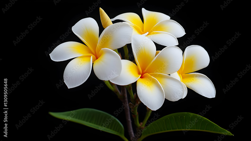 Isolated Plumeria Flowers on Branch with Green Leaves and Yellow Center Petals Against Black Background Isolated Plumeria Flowers on Branch with Green Leaves and Yellow Center Petals Against Black Background