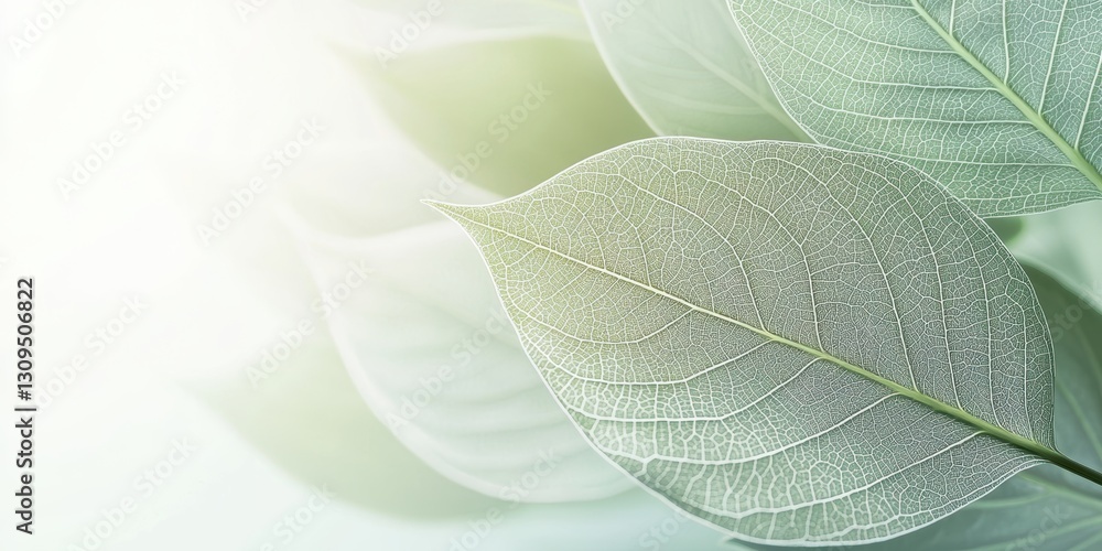 Obraz premium 3d background minimalistic mockup with space for text, detailed macro of fresh spring leaves with translucent veins illuminated by sunlight