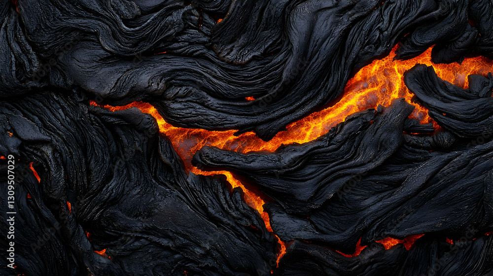 Obraz premium Intense Orange Lava Flowing Through Cracked Black Volcanic Rock Surface