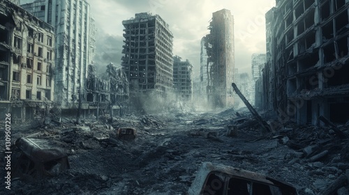 A post-apocalyptic city with ruined buildings in dramatic shades