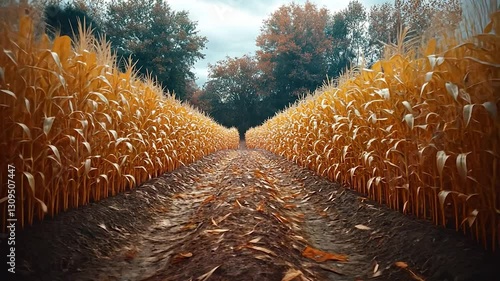 Golden Cornfield Path: An Autumnal Landscape