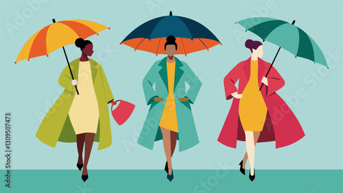 A group of models struts in bold and vibrant coats crafted from upcycled umbrellas making a statement about the importance of repurposing everyday. Vector illustration