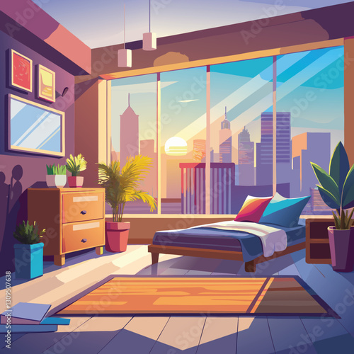 Modern Bedroom with a Cityscape View at Sunset