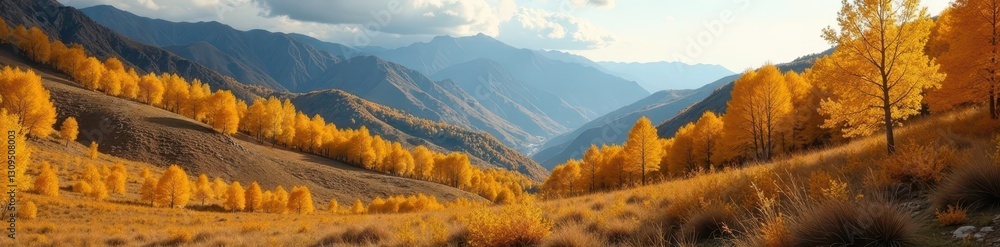 Golden aspen trees on foothills slope, crisp autumn air, USA, fall foliage Golden aspen trees on foothills slope, crisp autumn air, USA, fall foliage
