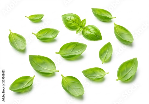 Fresh Basil Leaves Scattered White Background. AI Generated