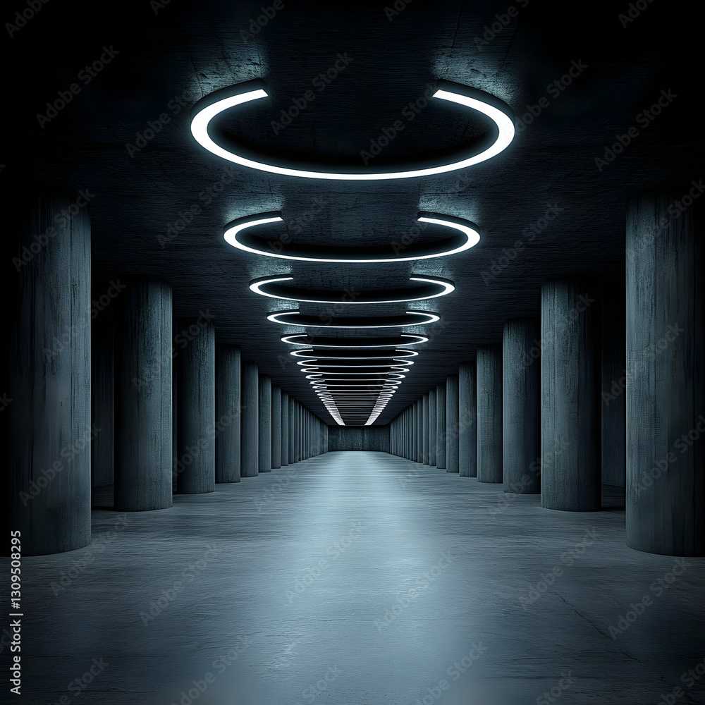 Obraz premium 3D Abstract Background of Dark Hallway with Neon Rings
