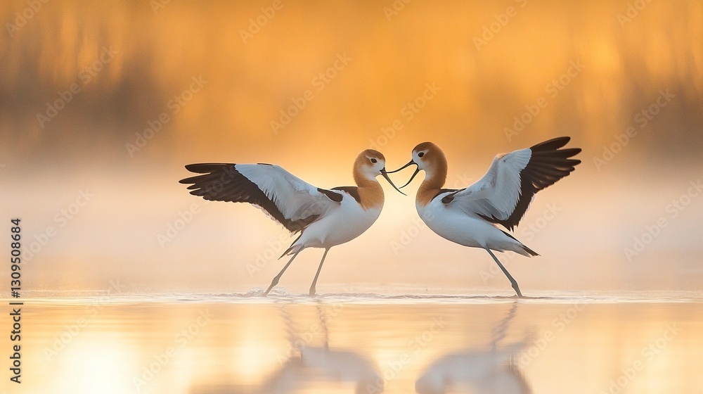 Fototapeta premium American avocets bonding in shallow marshland synchronized movements misty sunrise backdrop cinematic wildlife frame