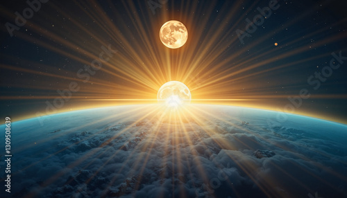 Sun and moon alignment above horizon at dawn, surreal duality