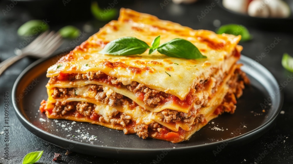 Layers of delicious homemade meat lasagna are perfectly baked, showcasing rich ground beef, savory tomato sauce, and melted cheese. A fresh basil leaf adds a hint of color and aroma Layers of delicious homemade meat lasagna are perfectly baked, showcasing rich ground beef, savory tomato sauce, and melted cheese. A fresh basil leaf adds a hint of color and aroma