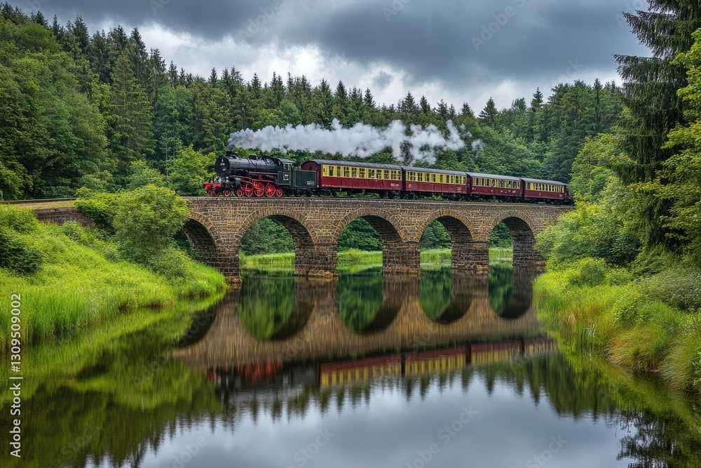 Fototapeta premium Vintage Steam Train Crossing Historic Stone Bridge Over Serene Water