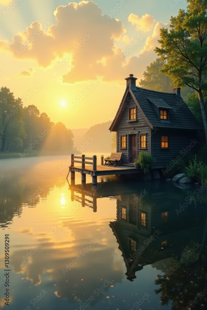 Fototapeta premium Golden sunlight illuminates a quaint cottage dock on a misty lake , peaceful, sunshine