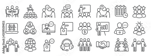 Set of collection line icons related meeting, workshop, seminar, teamwork. Editable stroke. Perfect pixel on transparent background