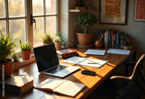 Wallpaper Mural dynamic workspace setup blending digital tools traditional learning materials harmonious environment, elements, technology, desk, laptop, books, stationery Torontodigital.ca
