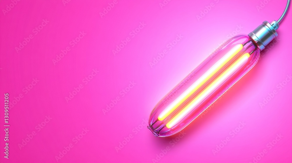 Pink background, elongated lightbulb with warm yellow glow, minimalist design, overhead view, studio lighting, copy space. Pink background, elongated lightbulb with warm yellow glow, minimalist design, overhead view, studio lighting, copy space.