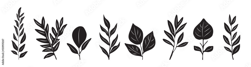 Fototapeta premium Set of black silhouettes of leaves on white background. The leaves are all different shapes and sizes. Flat vector illustrations isolated