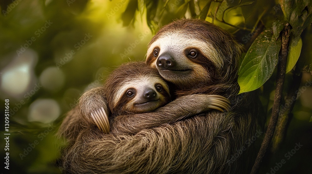 Baby sloth snuggled against its mother chest gentle embrace hanging from a jungle vine soft warm lighting cinematic shot Baby sloth snuggled against its mother chest gentle embrace hanging from a jungle vine soft warm lighting cinematic shot