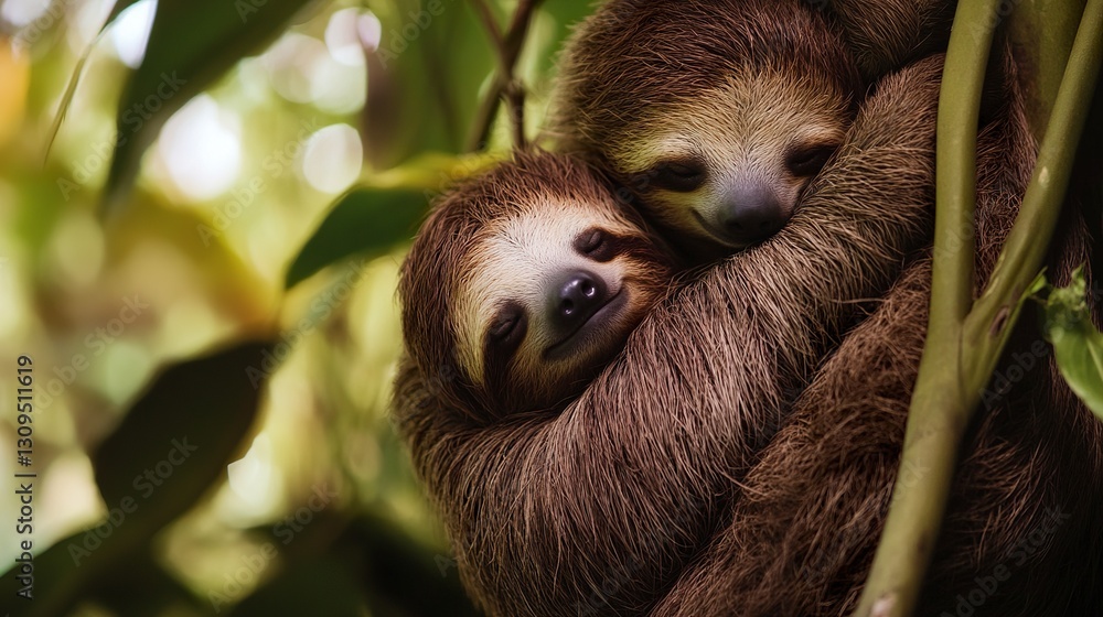 Fototapeta premium Baby sloth snuggled against its mother chest gentle embrace hanging from a jungle vine soft warm lighting cinematic shot 