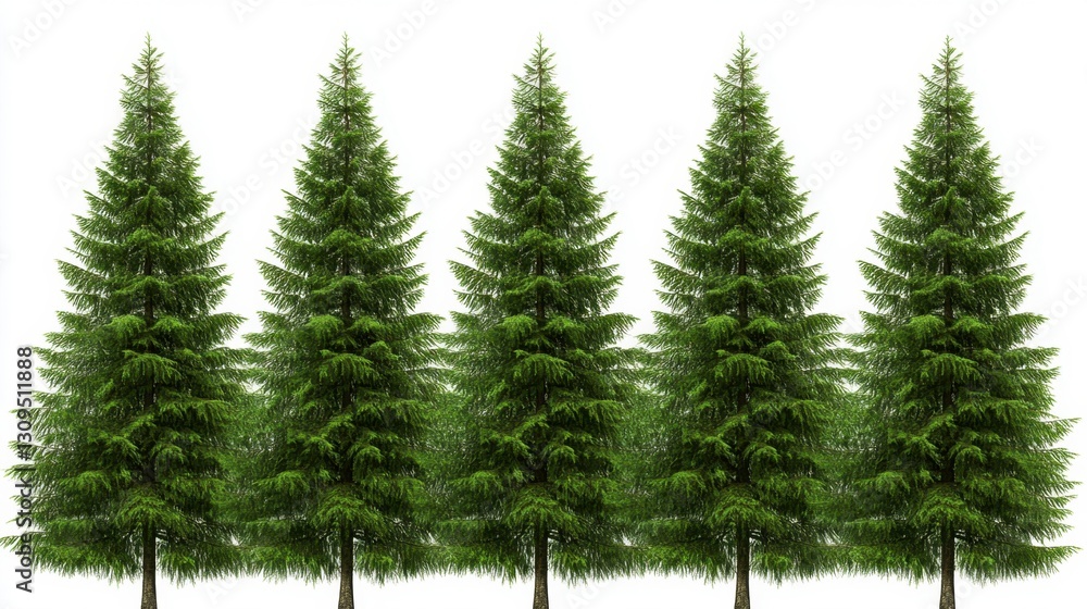 Obraz premium Five lush green evergreen trees stand in a row against a clean white background. The trees are similar in size and shape, creating a symmetrical and visually appealing image.