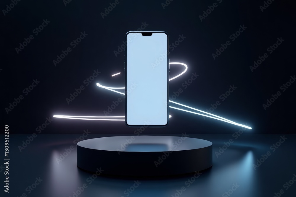 Futuristic Smartphone Mockup. Sleek smartphone floating on minimalist dark pedestal with dynamic light trails creating a high-tech, technological presentation environment.