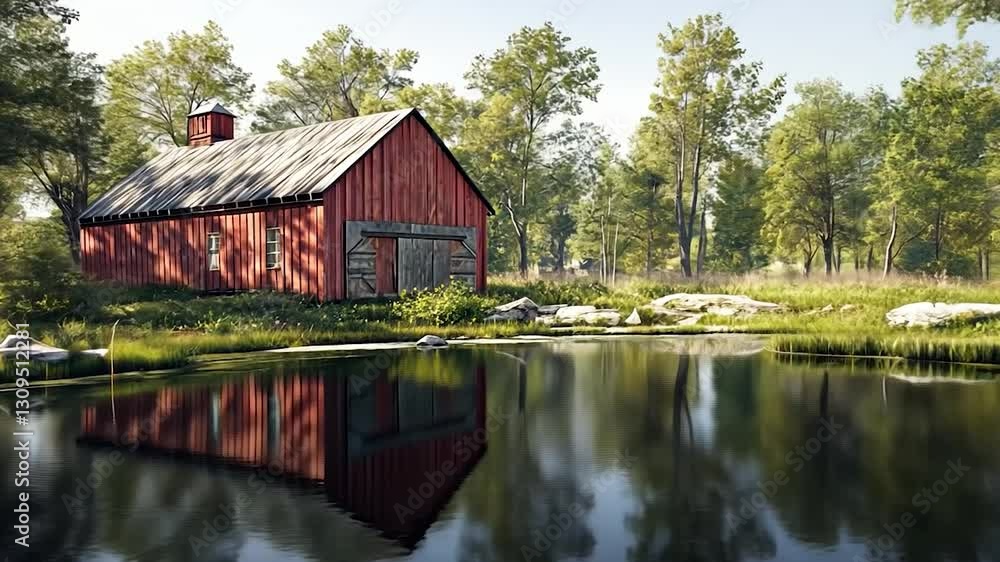 Tranquil Red Barn by the Pond: A Serene Summer Day in the Woods Tranquil Red Barn by the Pond: A Serene Summer Day in the Woods