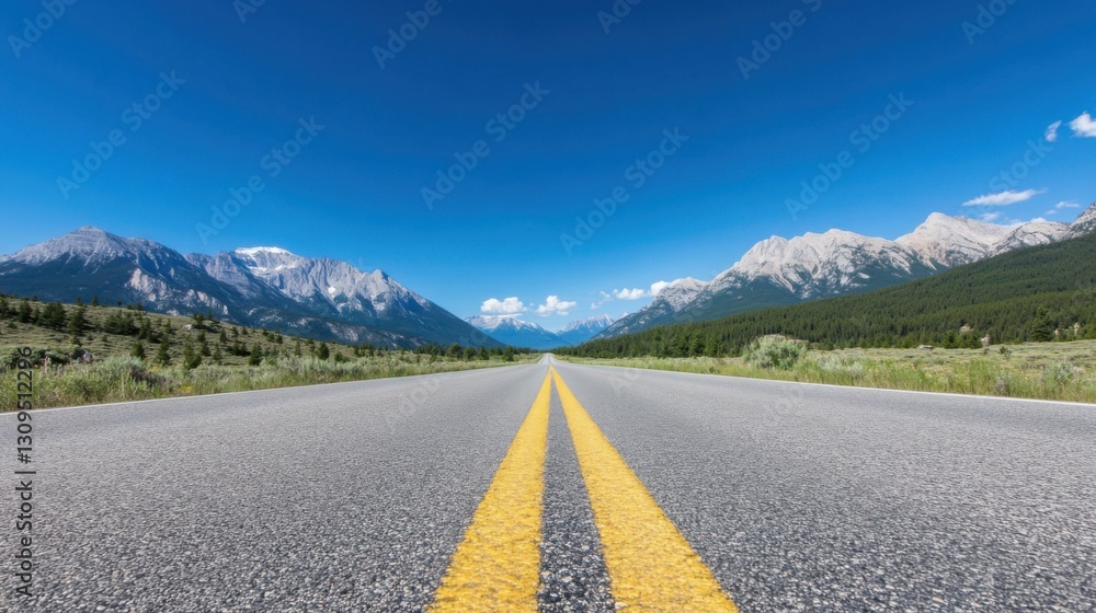 Naklejka premium Scenic highway vanishing point between majestic mountains under a clear blue sky.