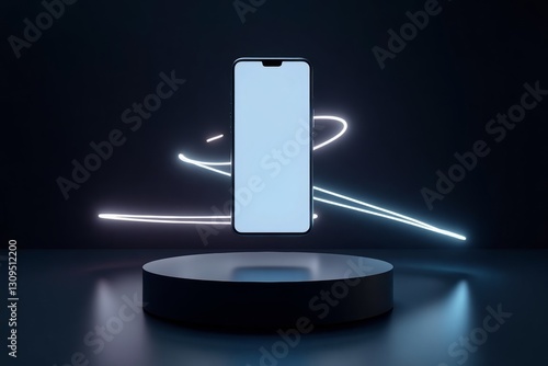 Obraz na płótnie Futuristic Smartphone Mockup. Sleek smartphone floating on minimalist dark pedestal with dynamic light trails creating a high-tech, technological presentation environment. w salonie