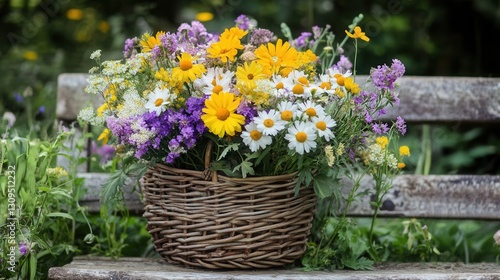 Wallpaper Mural a wicker basket filled with vibrant wildflowers in soft yellows, purples, and whites, resting on a garden bench.  Torontodigital.ca