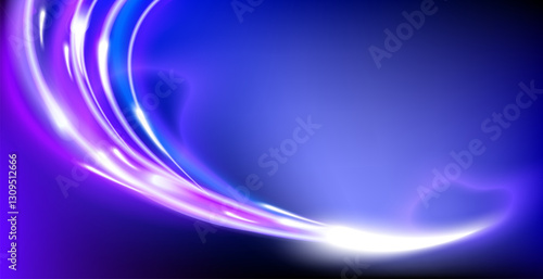 Futuristic Neon Swirls with Motion Effect.Abstract digital background featuring glowing purple and blue light streaks flowing across a dark gradient for banners,presentations,technology,digital.Vector