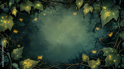 Pixelated Green Forest Scene with Glowing Insects and Textured Leaves Against a Dark Background