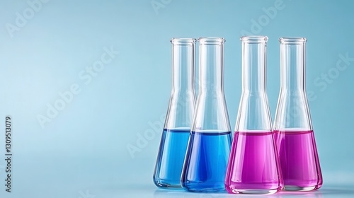Wallpaper Mural Four clear glass Erlenmeyer flasks containing different colored liquids against a light blue background. The liquids are shades of blue and purple.  Torontodigital.ca