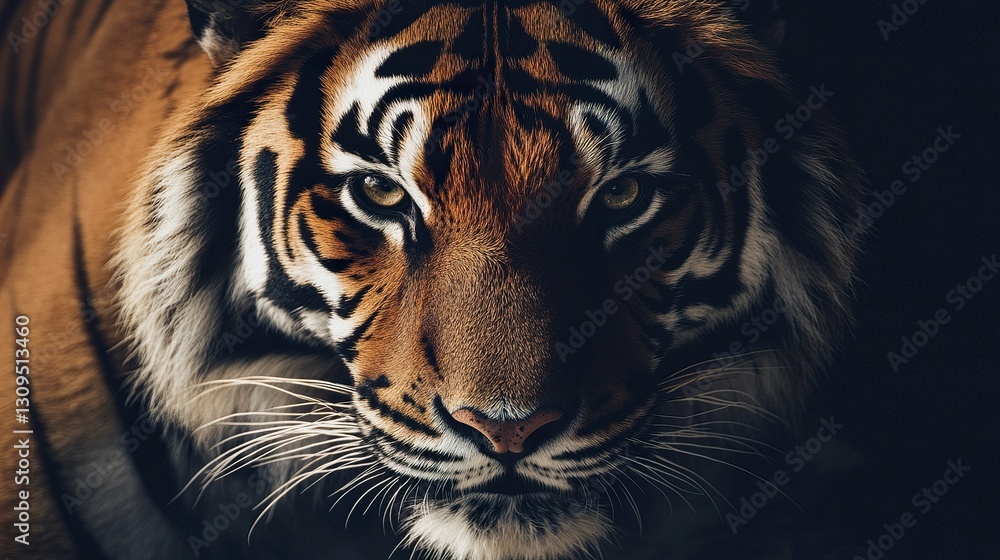 Naklejka premium Bold and powerful tiger portrait eyes glowing in soft ambient light deep shadows adding moody intensity cinematic wildlife frame 