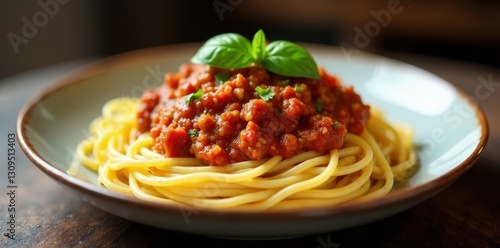 Rich, meaty bolognese sauce atop perfectly cooked pasta, fresh basil garnish , appetizing, photography