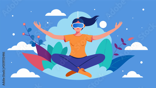 Through the power of virtual reality you can experience the blissful sensation of flying while practicing aerial yoga.. Vector illustration
