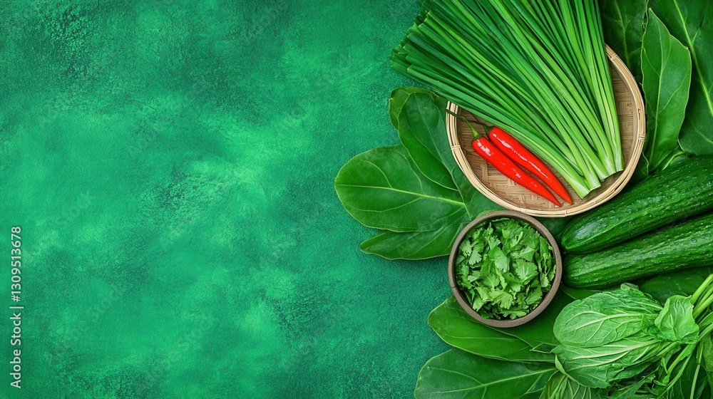 Obraz premium Overhead shot of fresh green vegetables and red chili peppers arranged on a green textured background. The scene includes cucumbers, scallions, and leafy greens.