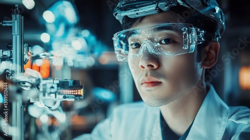 Focused engineer with digital eyewear in tech lab