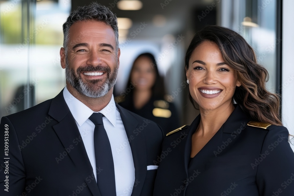 A professional couple smiling confidently in stylish attire, embodying teamwork, partnership, and collaboration within a modern work environment. A professional couple smiling confidently in stylish attire, embodying teamwork, partnership, and collaboration within a modern work environment.