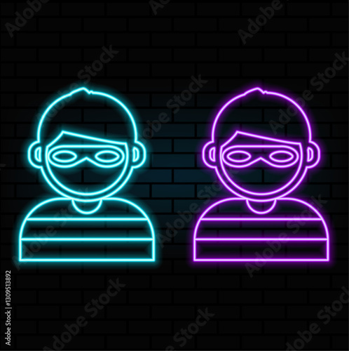 Outline neon hacker icon. Glowing neon hacker with hood, cyber criminal and thief pictogram. Theft personal data and fraud, cyber attack and crime, hacking social media account, scam. Vector icon set