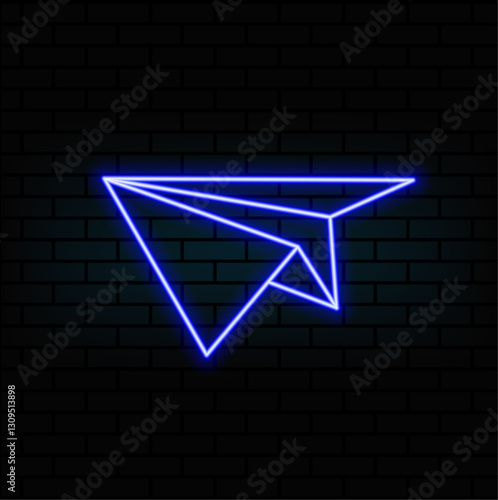 paper plane. origami glider. Orange neon style on black background. Light icon