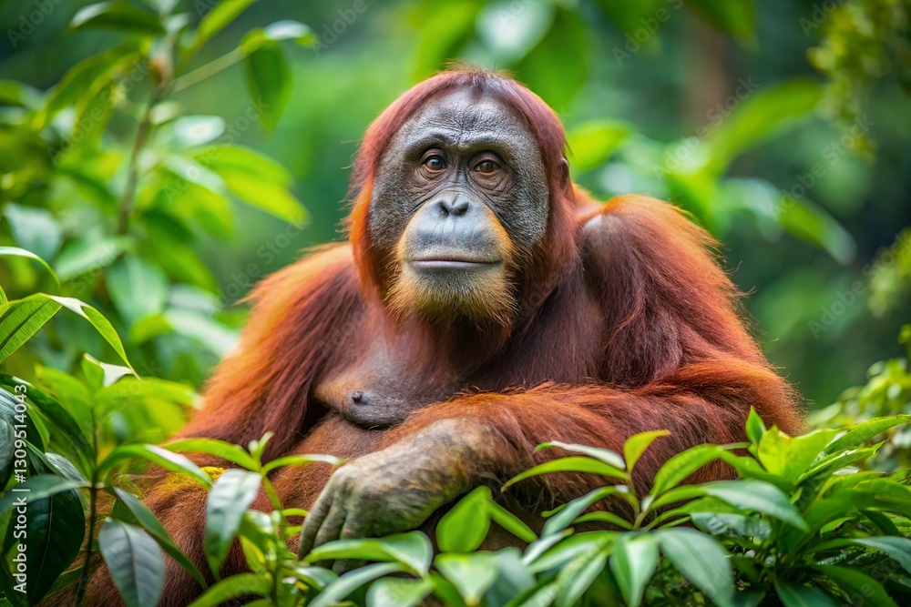 Orangutan relaxing in the dense greenery of Borneo Orangutan relaxing in the dense greenery of Borneo