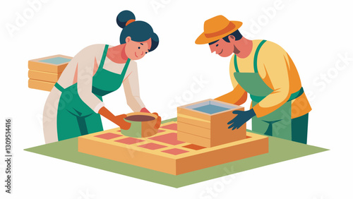 Workers carefully raw ceramic clay into precise shapes for the base of the tiles.. Vector illustration
