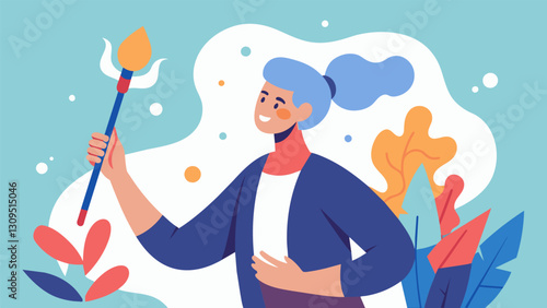 In the next sketch the person is holding a paintbrush and creating art representing the theutic power of creative expression in recovery.. Vector illustration