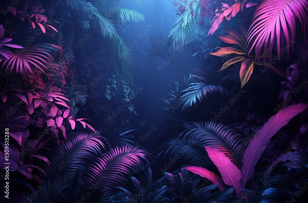 Enchanted Jungle Scene with Vibrant Tropical Foliage and Mysterious Atmosphere for Natural and Adventure Themes Enchanted Jungle Scene with Vibrant Tropical Foliage and Mysterious Atmosphere for Natural and Adventure Themes