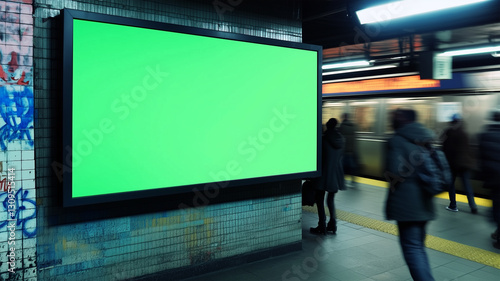 Blank green screen billboard in a subway station, surrounded by graffiti and commuters walking through, with the station’s vintage architecture in the background