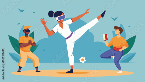 Through virtual reality students can train in different styles of Capoeira from regional to contemporary and even experiment with incorporating modern. Vector illustration