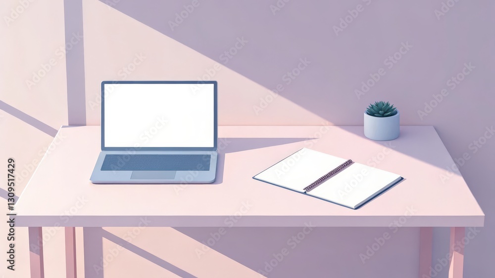Fototapeta premium a minimalistic workspace setup featuring a laptop, notebook, and potted plant on a desk