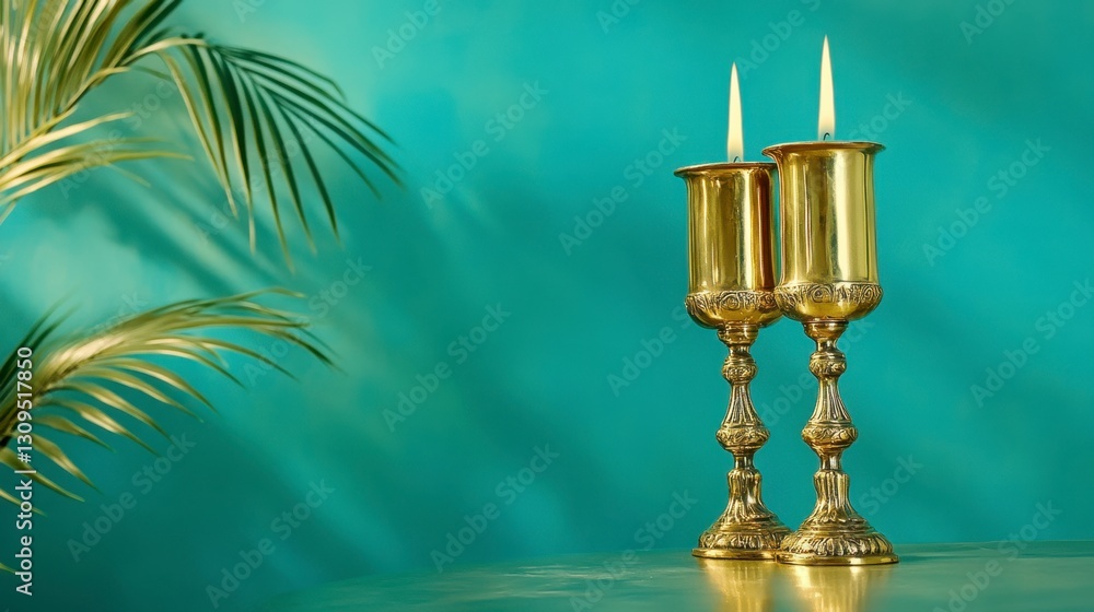Obraz premium Two golden candlesticks with lit candles on a table, teal background, palm leaves.