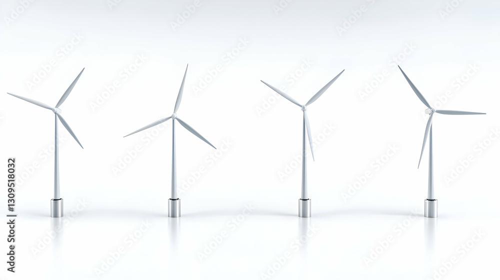 Four White Wind Turbines in a Row on a White Surface Representing Renewable Energy