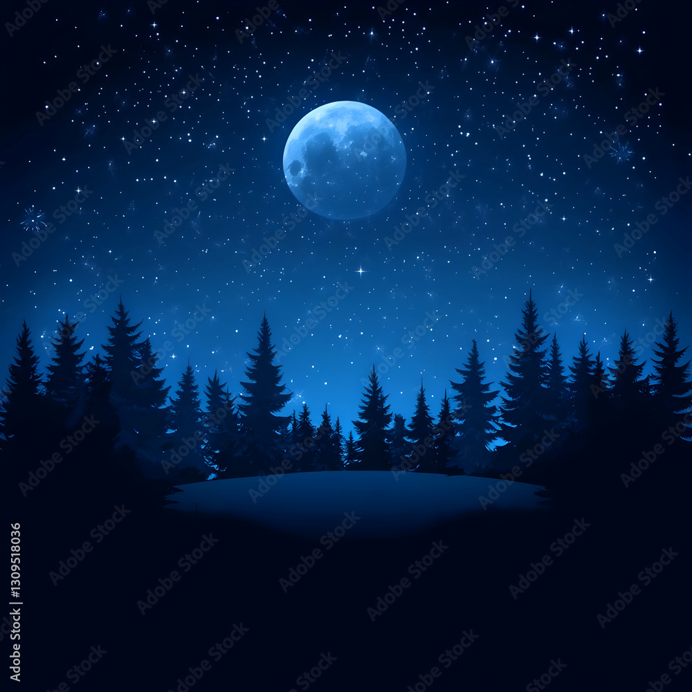 Fototapeta premium Night Forest Illustration Moonlit Winter