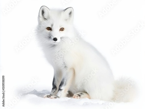 Beautiful Arctic Fox in White Fur Sitting on Snowy Ground